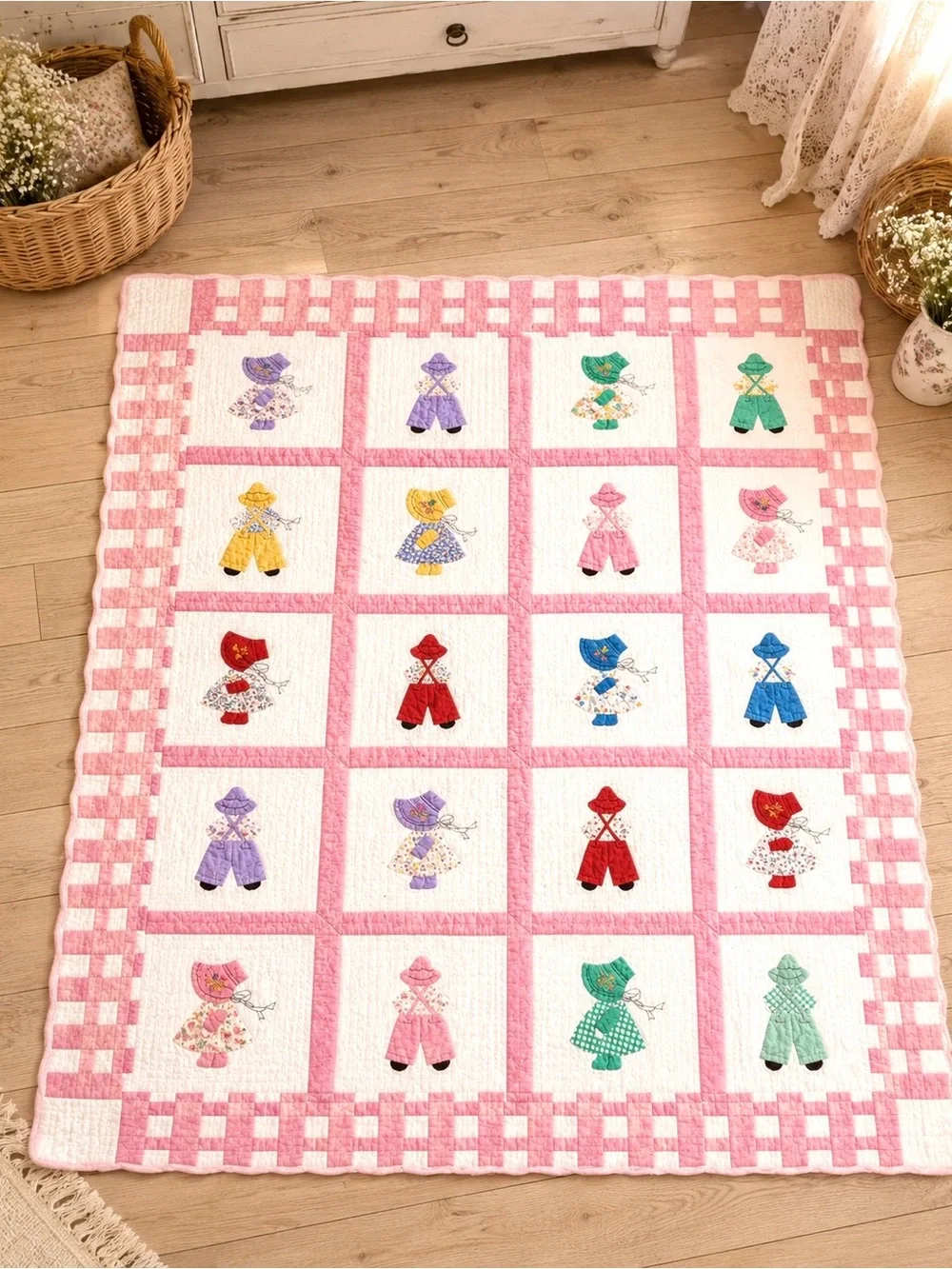 Handmade Vintage Pink Patchwork Sunbonnet Sue Quilt - Multicolor